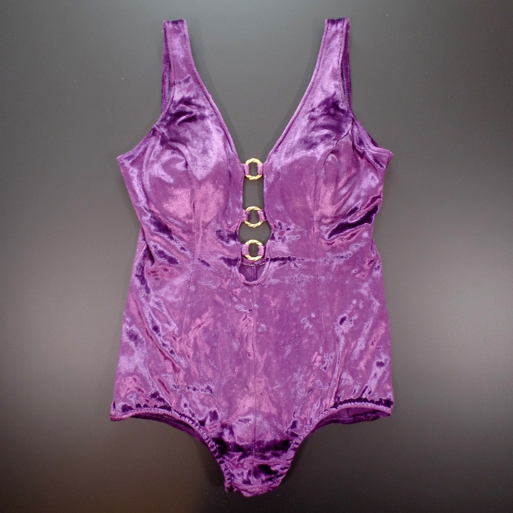 Vintage One Piece Swimsuit, Medium, Purple Crushed Velvet w Ring Detail, 1970s